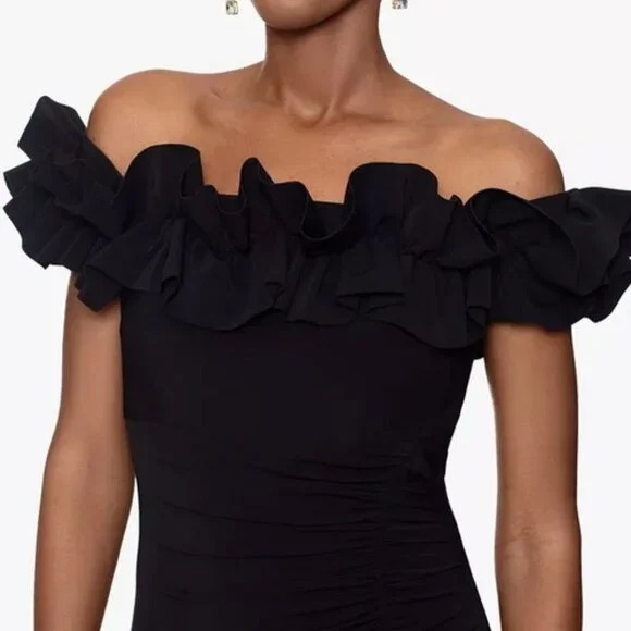 Xscape Black Ruffle Off the Shoulder Scuba Crepe Gown